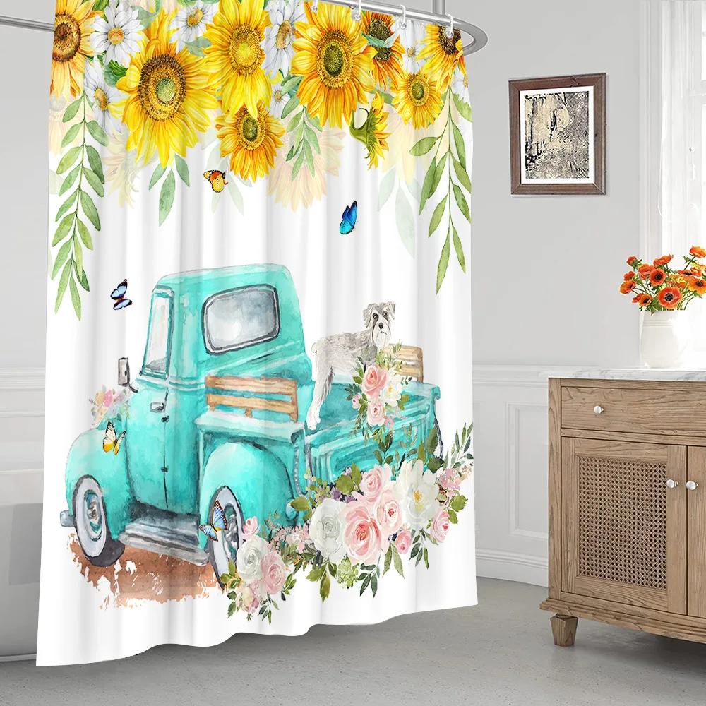 Autumn Shower Curtain Set Maple Leaf Pumpkin Farm Blue Truck Sunflower Thanksgiving Shower Curtain for Bathroom Decor Fabric