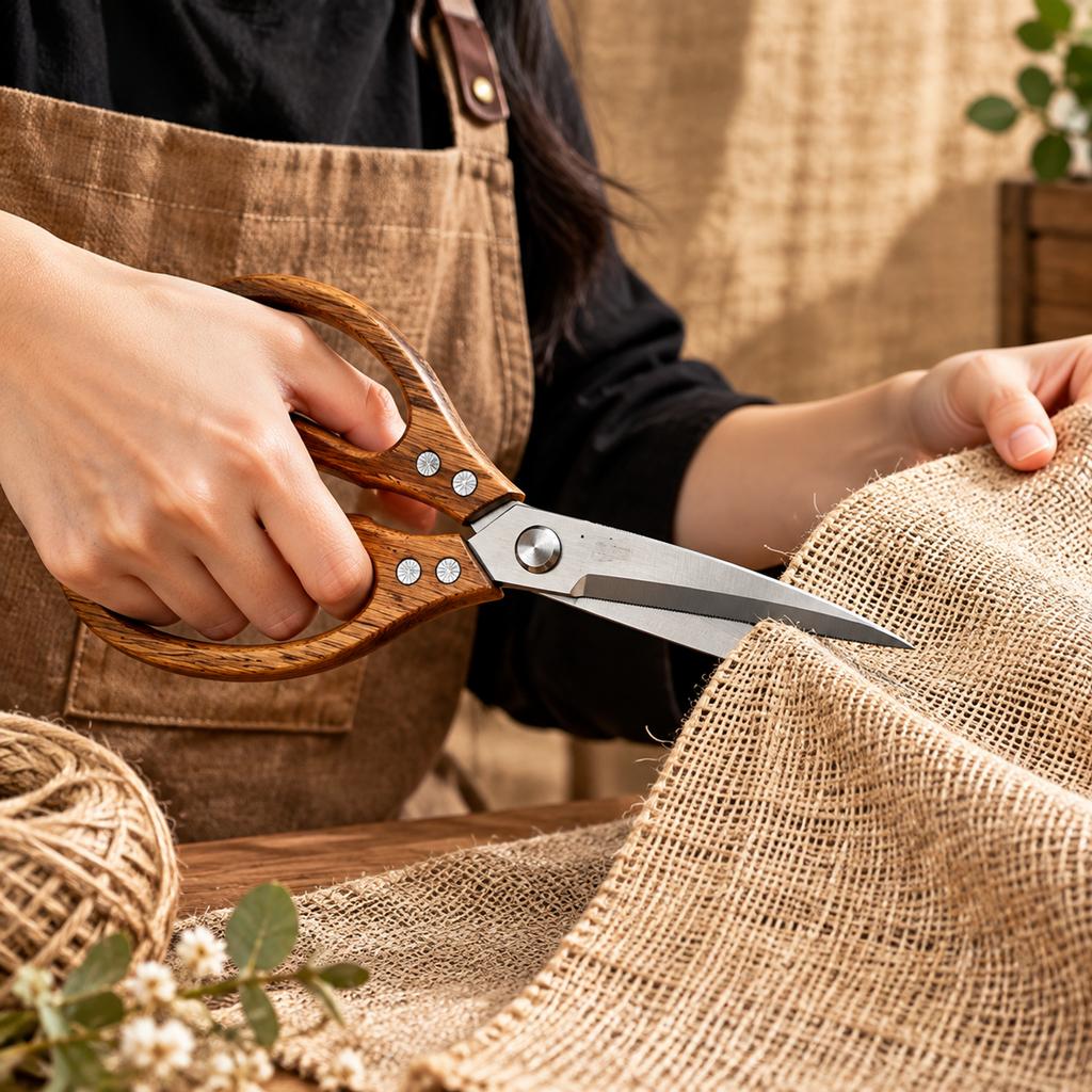 Kitchen Scissors with 3Cr13 Stainless Steel Blade and Acacia Wood Handle, Caramel