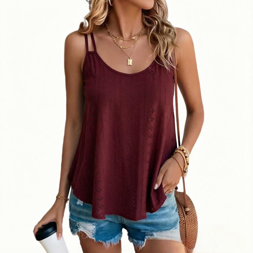 Dames Ronde Hals Mouwloze Tanktop Losse Pasvorm Broderie Jacquard Spaghettibandje Camisole Zomer Laagjes Basic Top