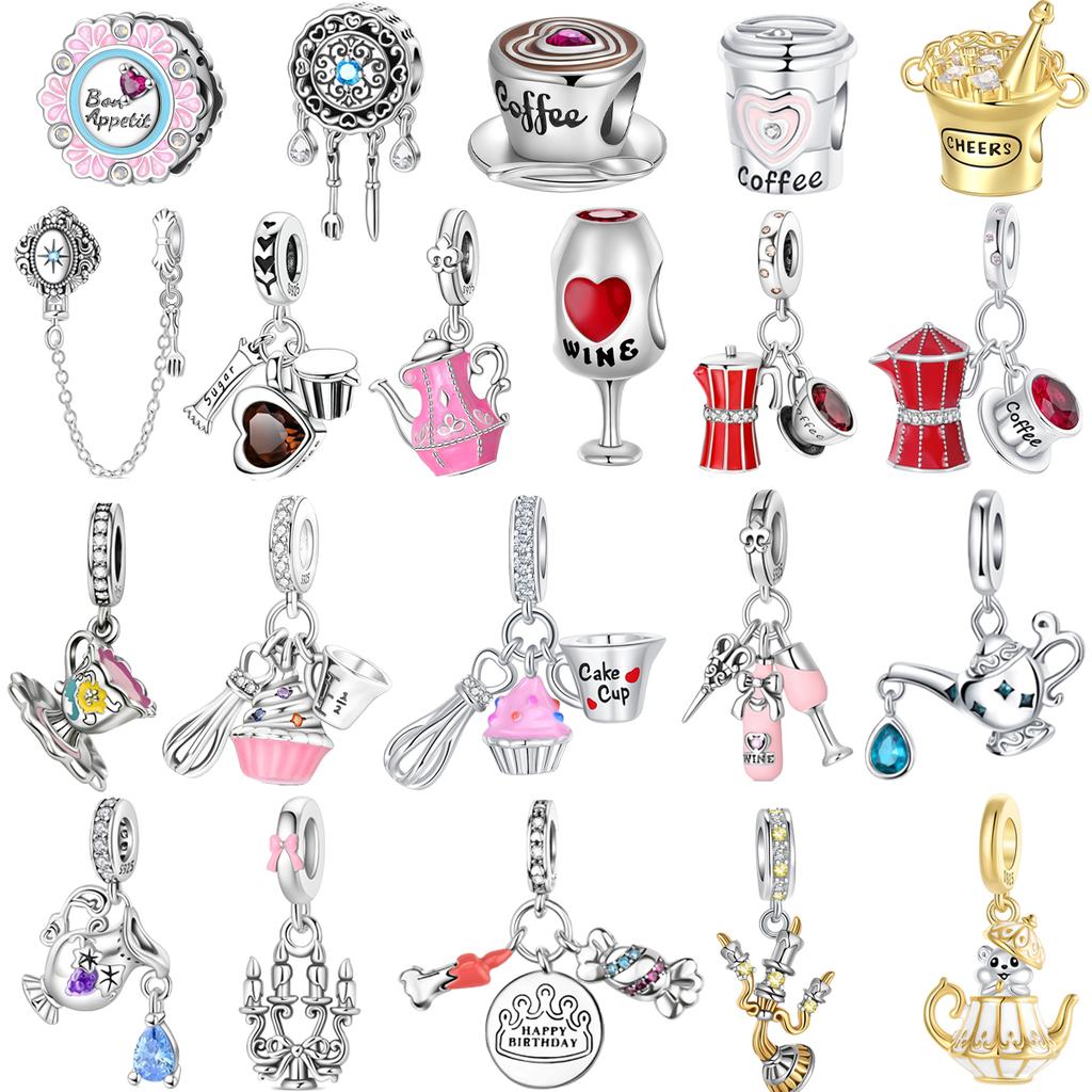 925 Silver Charms Tableware Candle Coffee Cup Wine Glass Beads Pendants Fit Bracelet Necklace DIY Jewelry Gift