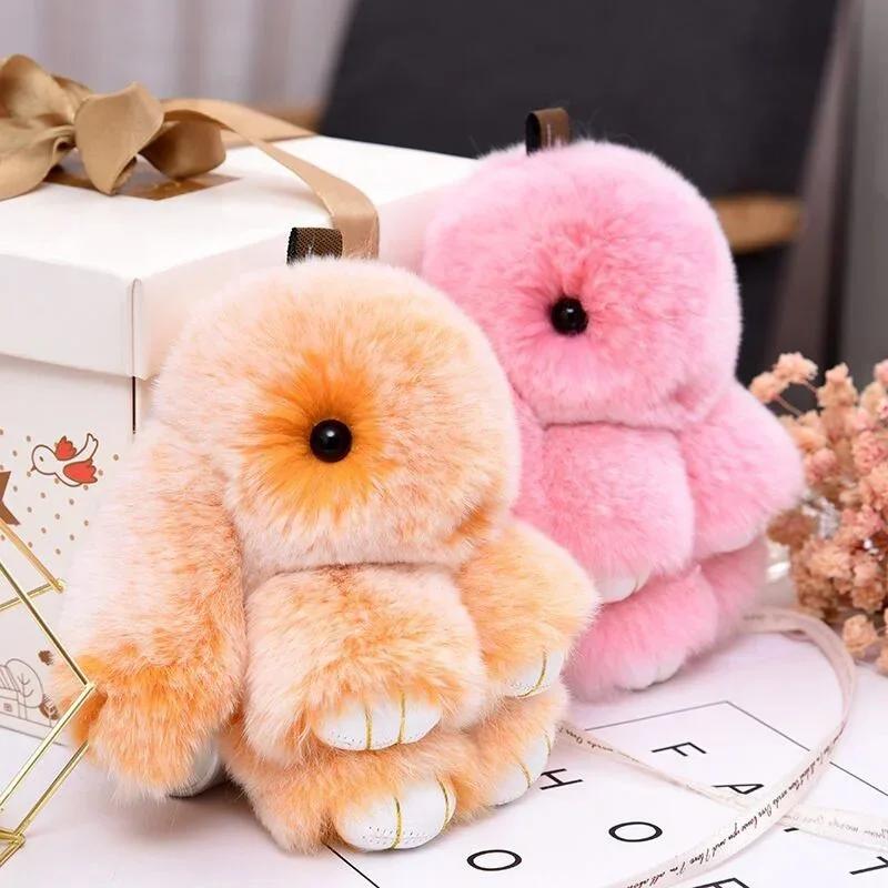 Süße Langohr-Kaninchen Schlüsselanhänger Echter Nerzfell Kaninchenpuppe Anhänger Spielzeug Schmuck Bommel Anhänger Geschenke Handtasche Plu C9M0