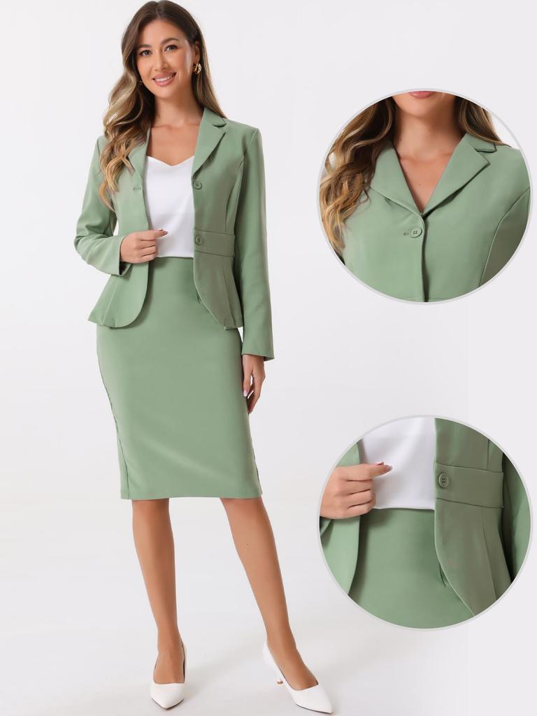 Allegra K Women's Two-Piece Business Blazer and Pencil Skirt Set with Long Sleeves, Notch Lapel, and Peplum, Pea Green, Size XL