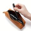 Crazy Horse Genuine Leather Zippered Pencil Case - Premium Leather Stationery Organizer with Black Zipper, Compact Pen Holder for Students