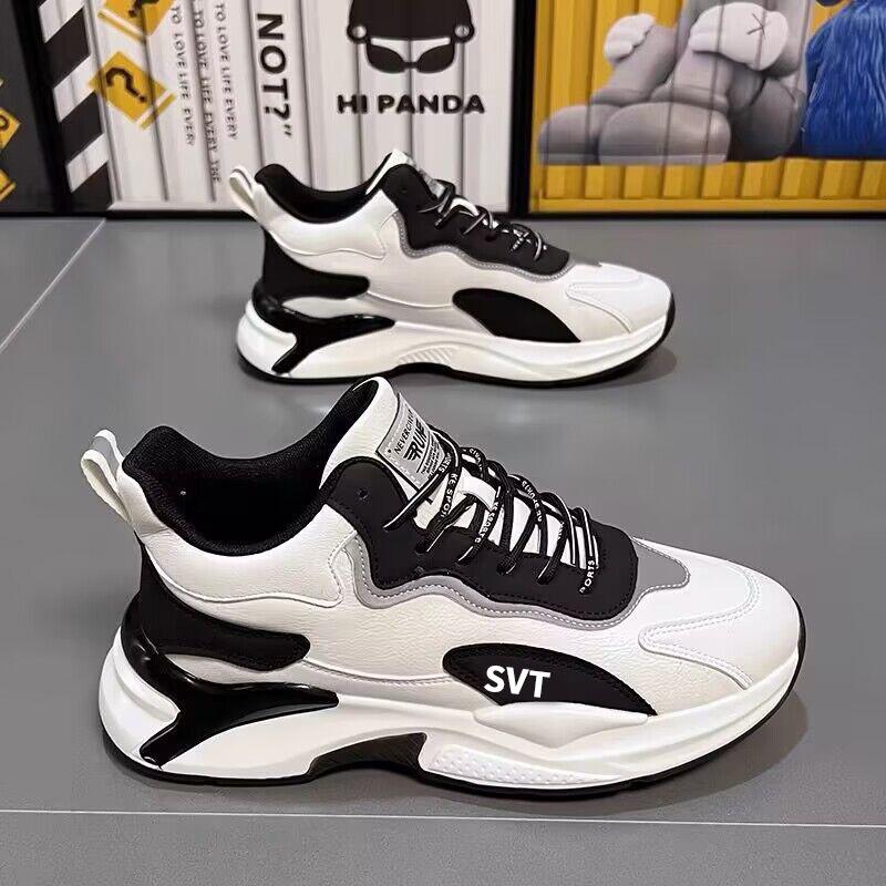 Men's Sneakers  PU Leather Casual Shoes Rubber Soft Sole Running Sneaker Elastic Platform Basket Shoes Tennis Shoe