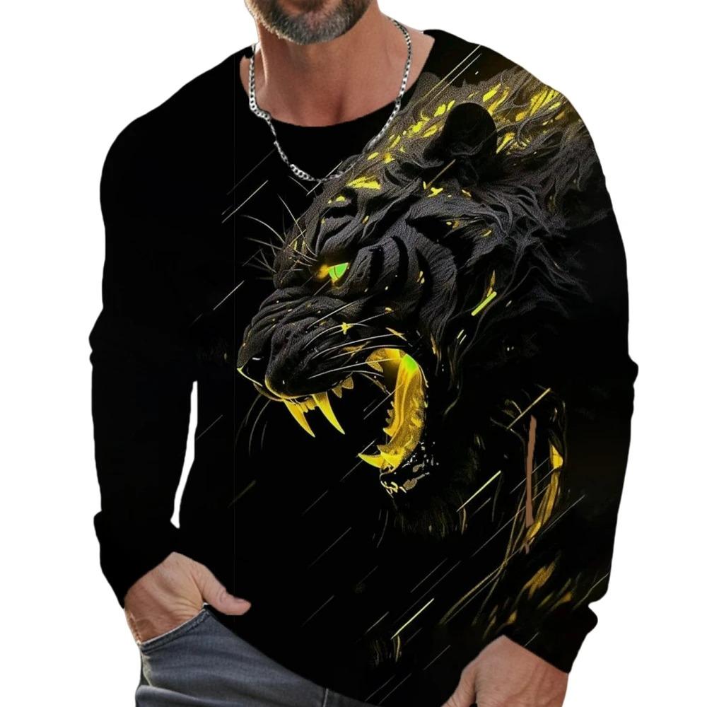 Street trend 3D tiger print men's casual round neck long sleeved T-shirt