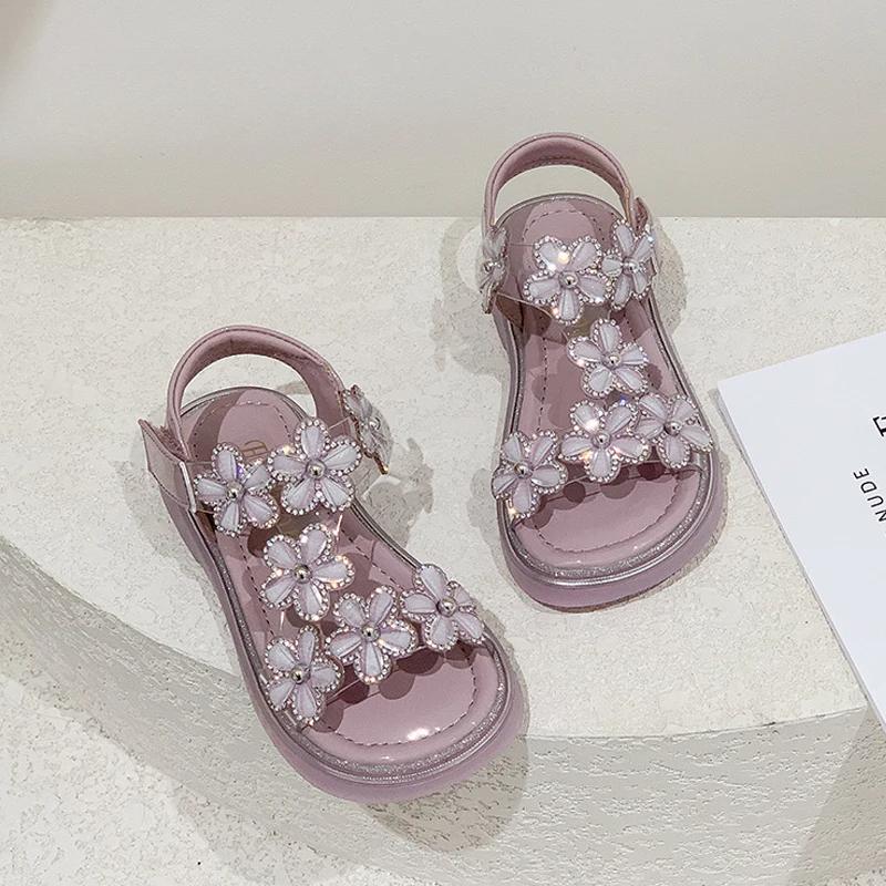 Luxury Crystal Floral Sandals Girls Transparent Pvc Strap Sandalias Baby Kids Brand Design Sole Summer Party Dress Shoes