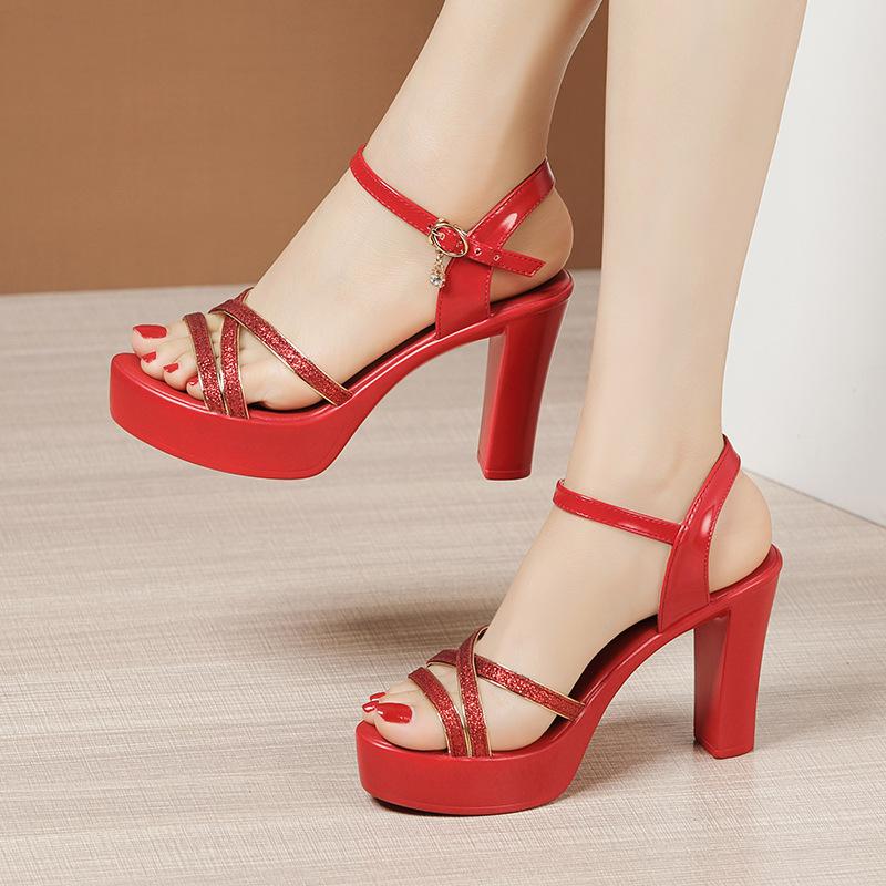 10cm Small Elegant Mesh Leather Platform Shoes Summer Block High Heels Sandals Women for Office Model Party Mom