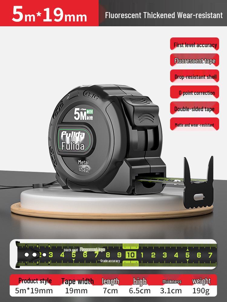 KT 5m Fluorescent Steel Tape Measure - Wear-Resistant, Self-Locking Ruler