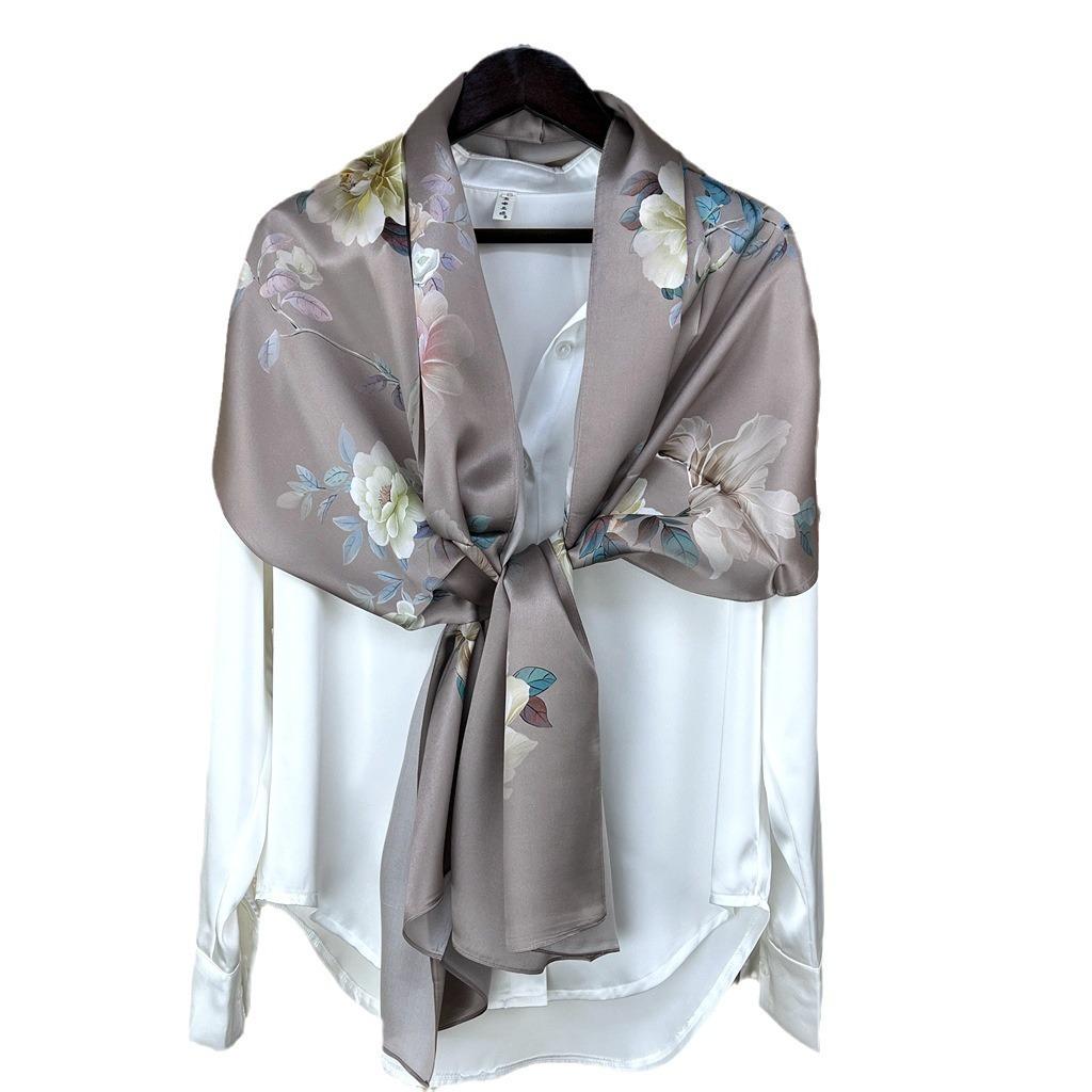 Peony Flower Chinese Ethnic Style Satin Silk Scarf Mulberry Silk Shawl Mother With Cheongsam Silk Defense