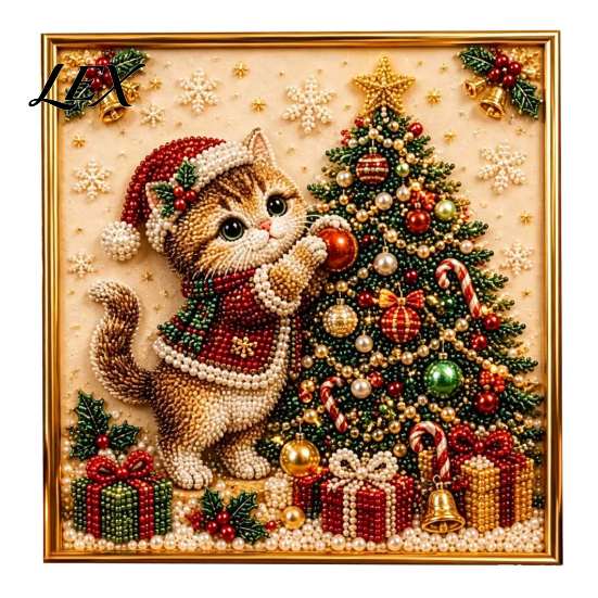 Holiday Wall Decor Projects Xmas Cat Faux Pearl Painting Kit, Festive Art DIY Christmas Relaxing Cute Kitty 3D Bead Craft Kit for Adults Teens,