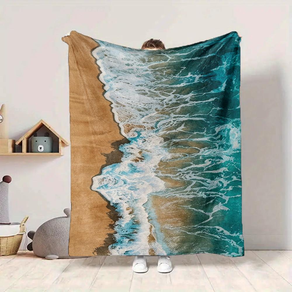 1Pc Ocean Waves Sandy Beach Blanket Soft And Comfortable Casual Warm Camping Travel Christmas Halloween Xmas Gift Em9281