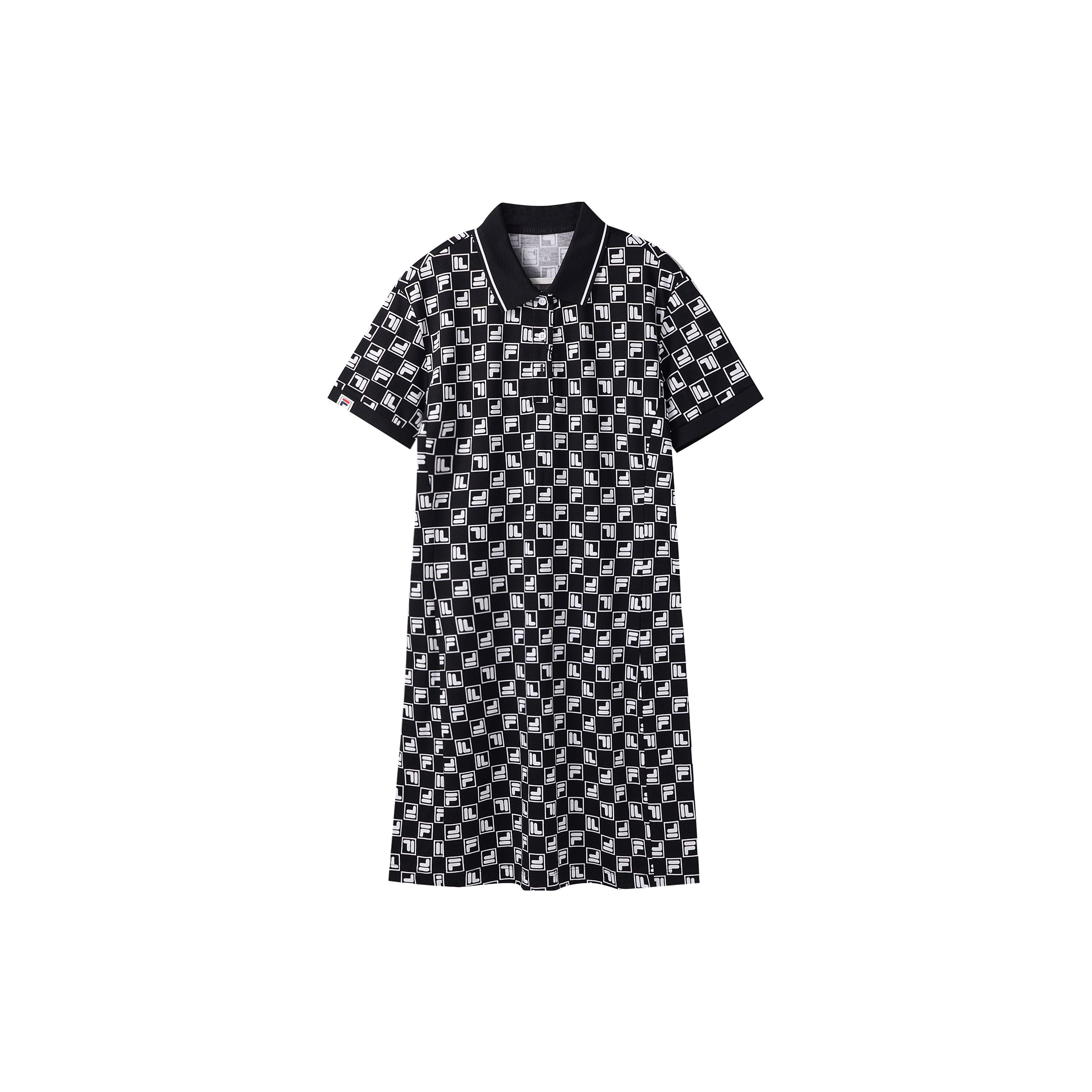 

Fila Американская серия Принт логотипа по всей поверхности Винтажный спортивный повседневный Приталенный вязаный поло Дышащее платье с коротким рукавом Женские платья F11W329314FZB XL