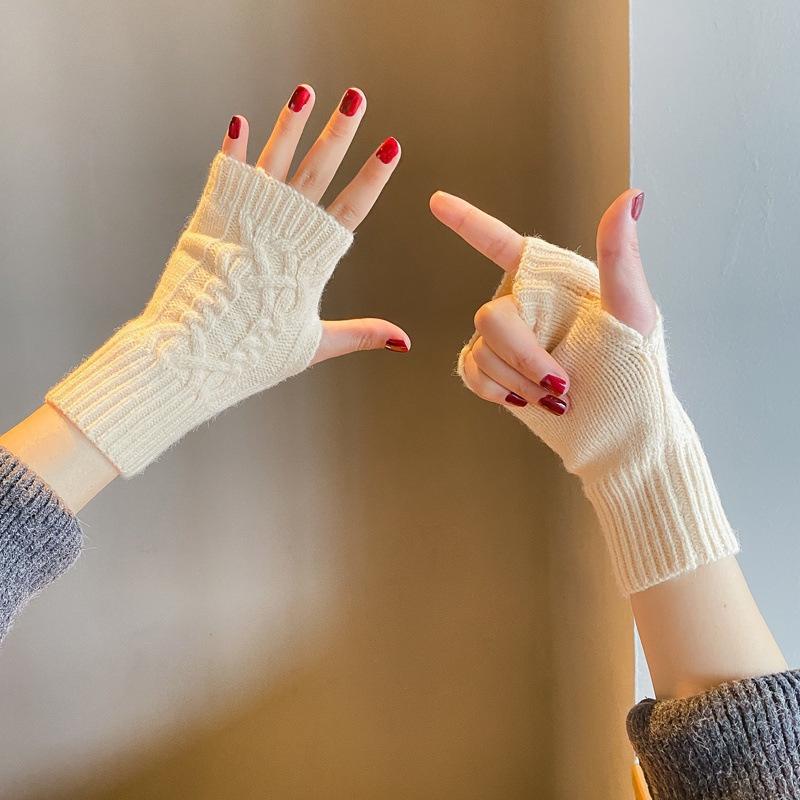 Damskie zimowe jednokolorowe rękawiczki bez palców z dzianiny kablowej ze wsparciem nadgarstka