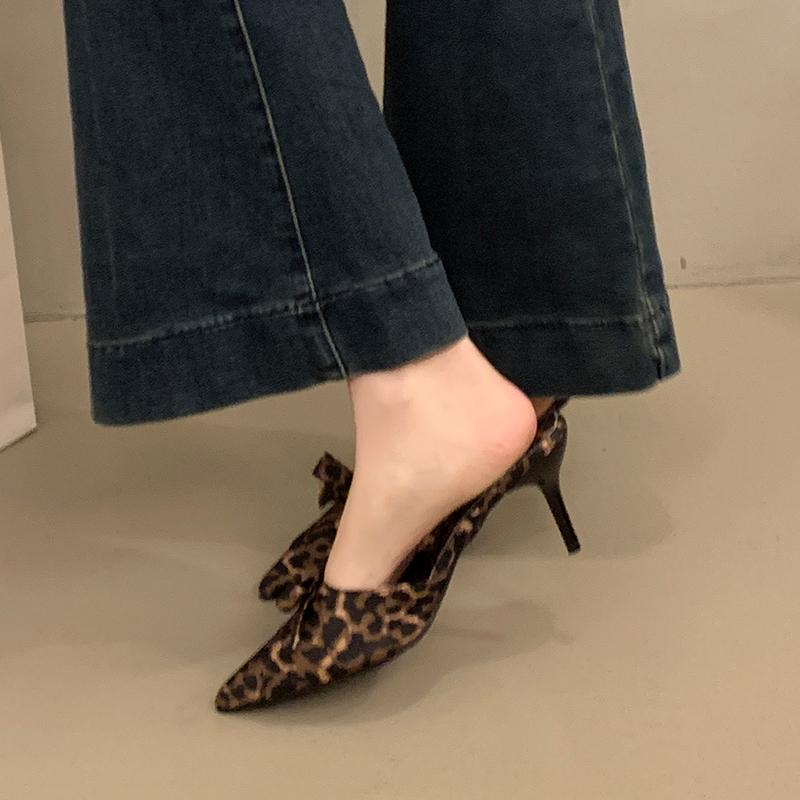 Fashion Bow Leopard Pointed Toe Women Sandals High Heels Slippers Party Shoes Designer 2025 Summer Pumps Flip Flops Woman Shoes Zapatos