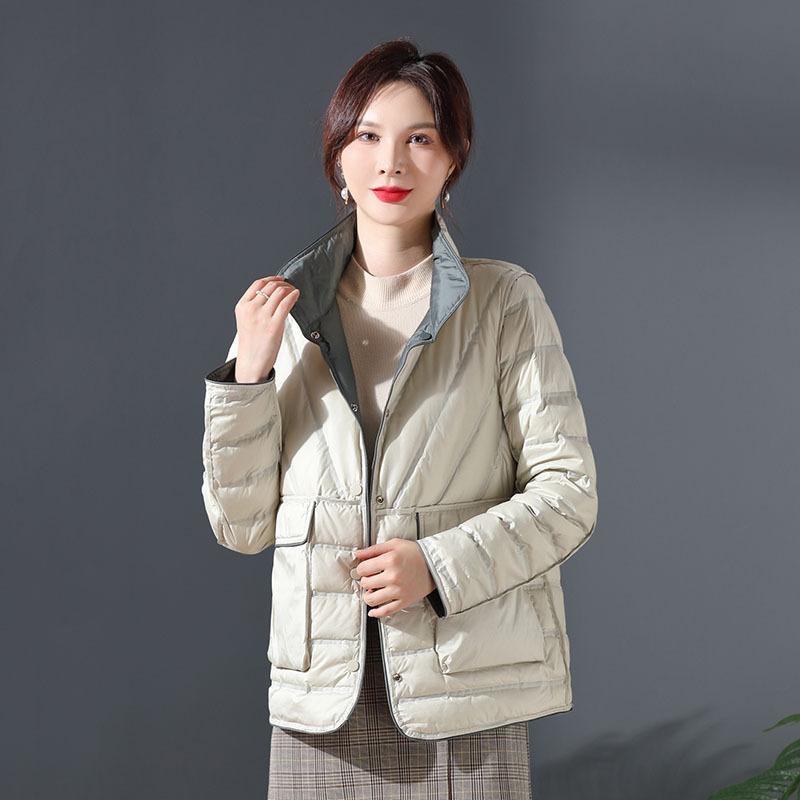Double-sided two-color two-sided winter stand-up collar light down jacket women's short pressed glue white duck down warm jacket tide