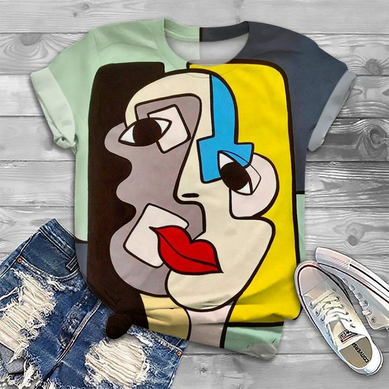 Camiseta Estampada 3D Cara Abstracta de Verano para Mujer Camisetas de Manga Corta Ropa de Calle Harajuku Camisetas Largas Y2k Ropa para Mujer