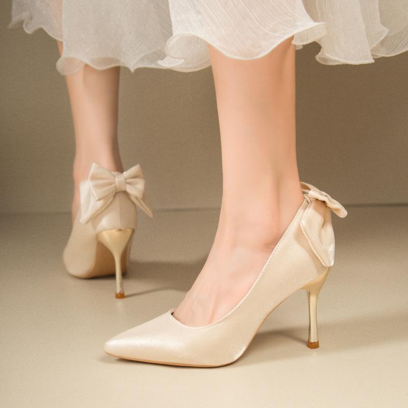 Red Satin Bridal Shoes Spring and Autumn New Elegant Bow Pointed Tip Stiletto Single Shoes Women's Heels Satin
