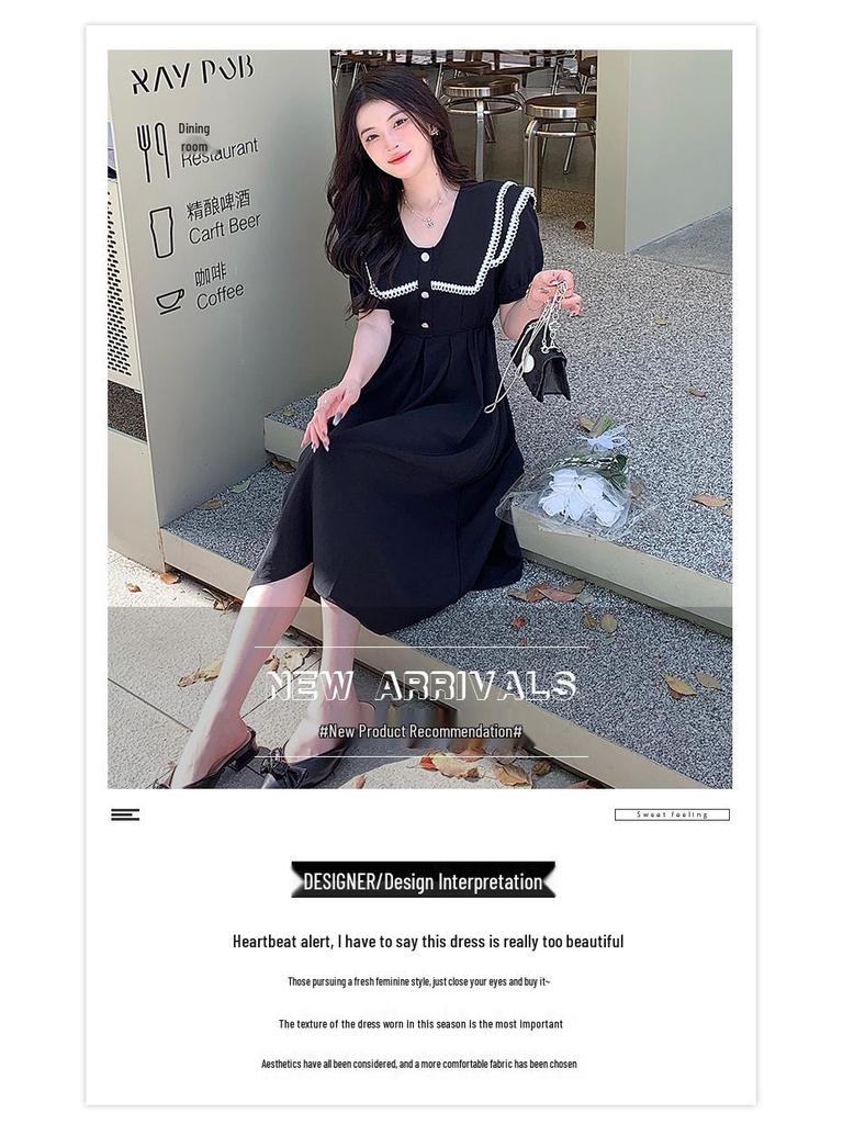 Damen Sommer Französisch Retro Spitze Kurzarm A-Linien Kleid mit Umlegekragen und Taillen-schmeichelndem Hepburn-Stil.