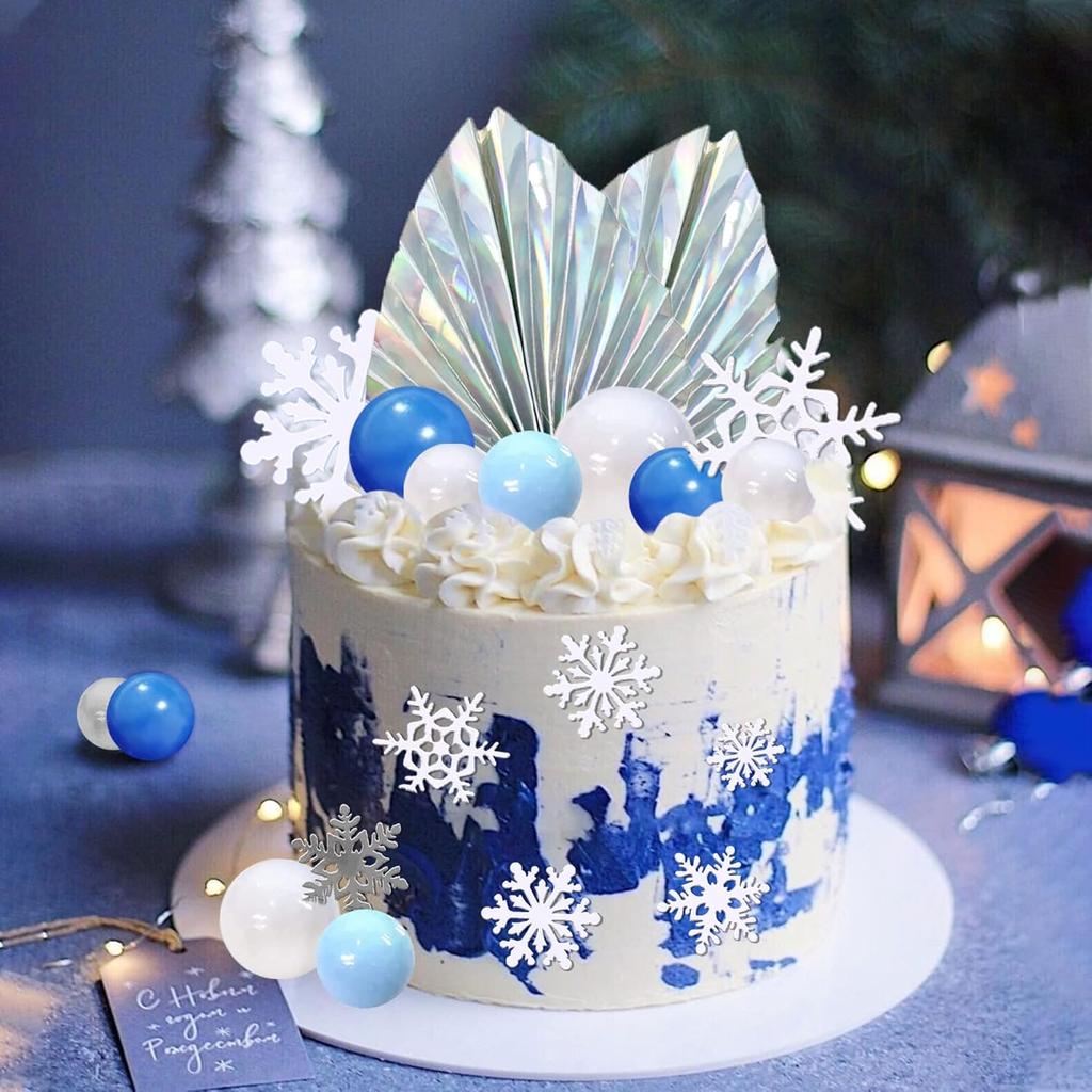 44 PCS Snowflake Cake Toppers Frozen Cake Toppers Blue Ball Cake Decoration for Wedding Christmas Winter Theme Birthday Party
