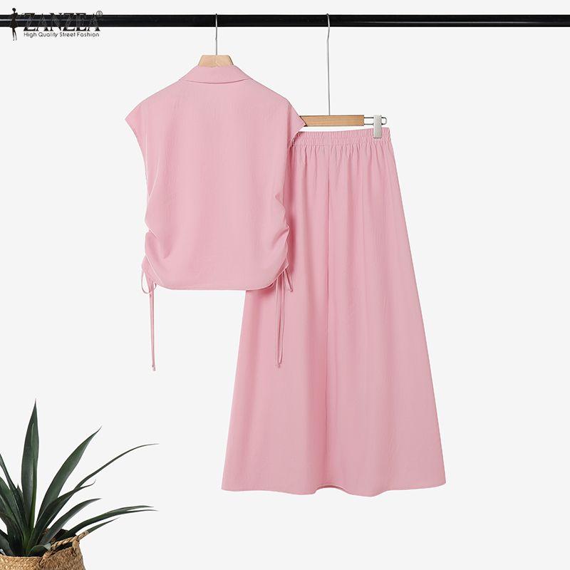 ZANZEA Women Summer Short Sleeve Blouse and Long Skirts Casual Two Piece Suit Sets