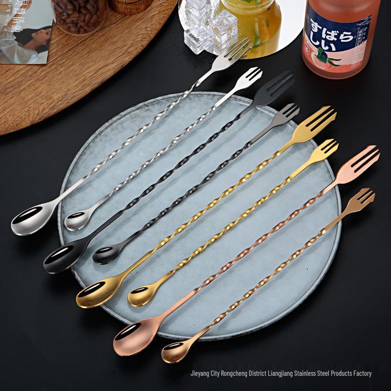 304 Stainless Steel Dual-Ended Bar Spoon and Fork for Stirring Cocktails and Milk Tea