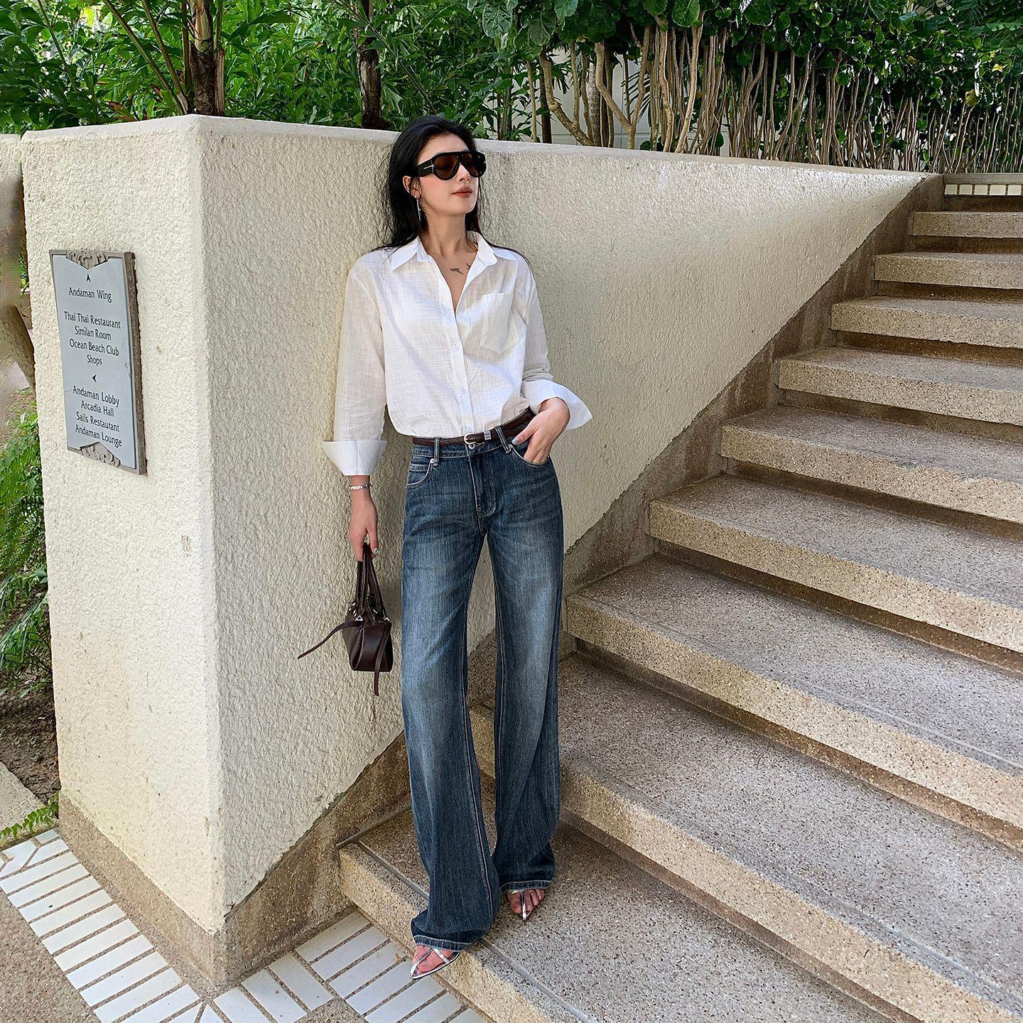 American Spicy Girl Women s Spring 2026 Low-Waist Wide-Leg Jeans - Versatile, Loose, and Flattering Floor-Length Pants M