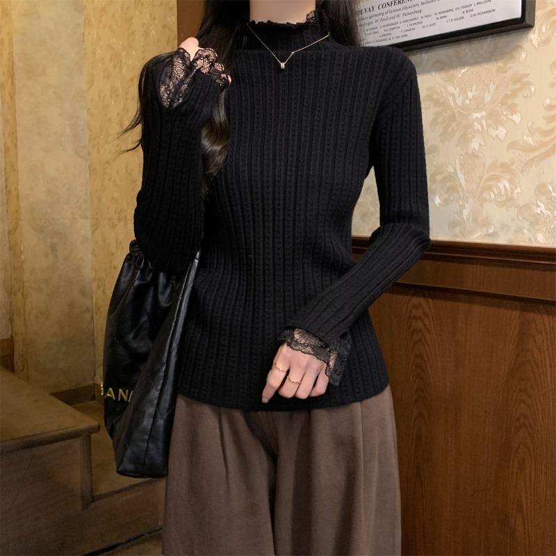 Lace lace semi-turtleneck knitted bottoming shirt women's spring texture inner top age-reducing sweater