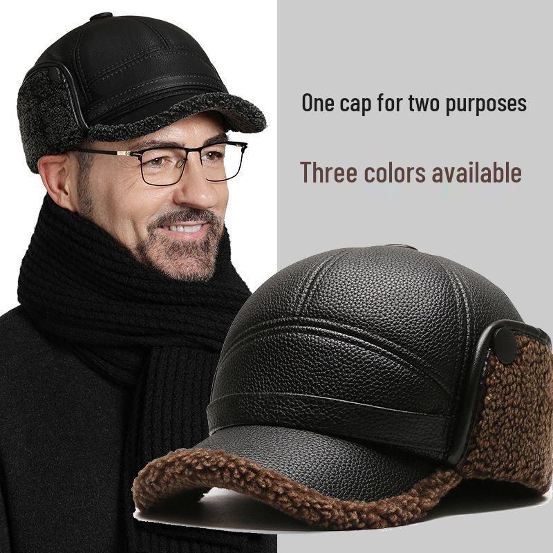 Chapéu de Inverno de Couro com Lã para Homens de Meia-Idade e Idosos - Boina à Prova de Vento e Protetora de Orelhas