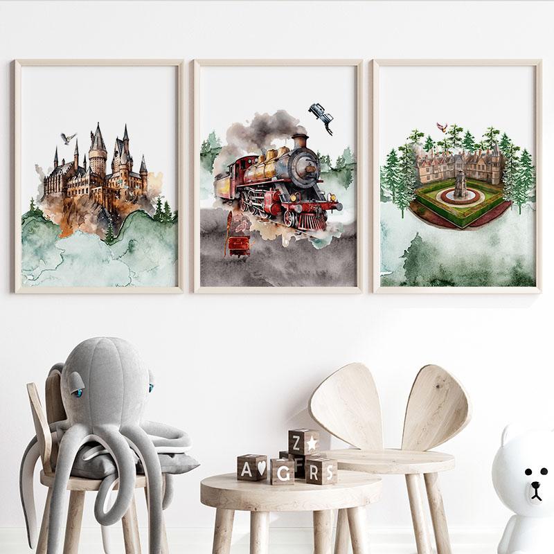 Постер в винтажном стиле H-Hogwarts, вдохновленный волшебником, сова, волшебная школа, замок, поезд, холст, настенное искусство для детской, декор для дома