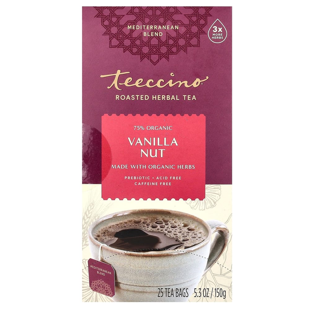 Teeccino Roasted Herbal Tea, Vanilla Nut, Caffeine-Free, 25 Tea Bags, 150g (5.3oz)