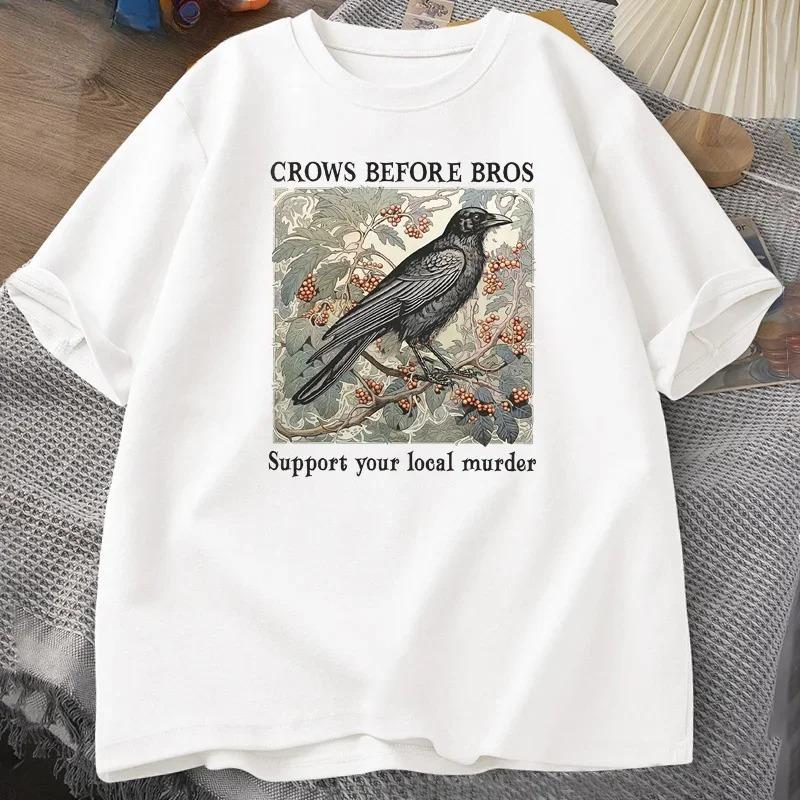 New Funny Crows Before Bros Retro T Shirt Men Halloween T-shirt Casual Cotton Crewneck Short Sleeve Tee Dark Academia Clothing