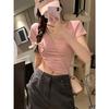 Burgundy Crew Neck Front Shoulder Short Sleeve T-Shirt Women's Summer New Korean Slim-fit Versatile Design Niche Top