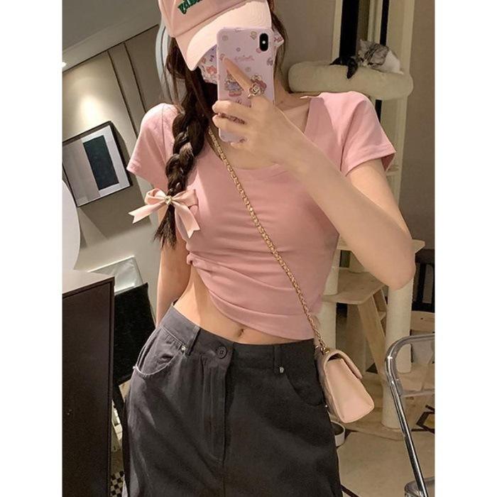 Burgundy Crew Neck Front Shoulder Short Sleeve T-Shirt Women's Summer New Korean Slim-fit Versatile Design Niche Top