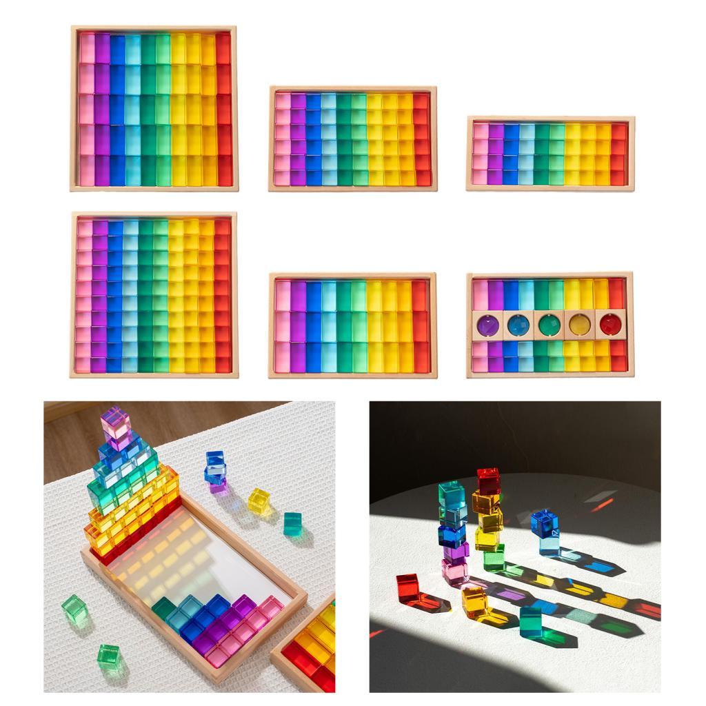 100 Pieces Rainbow Building Blocks Acrylic Gemstone Cubes Stacking Game Toy with Wooden Storage Box