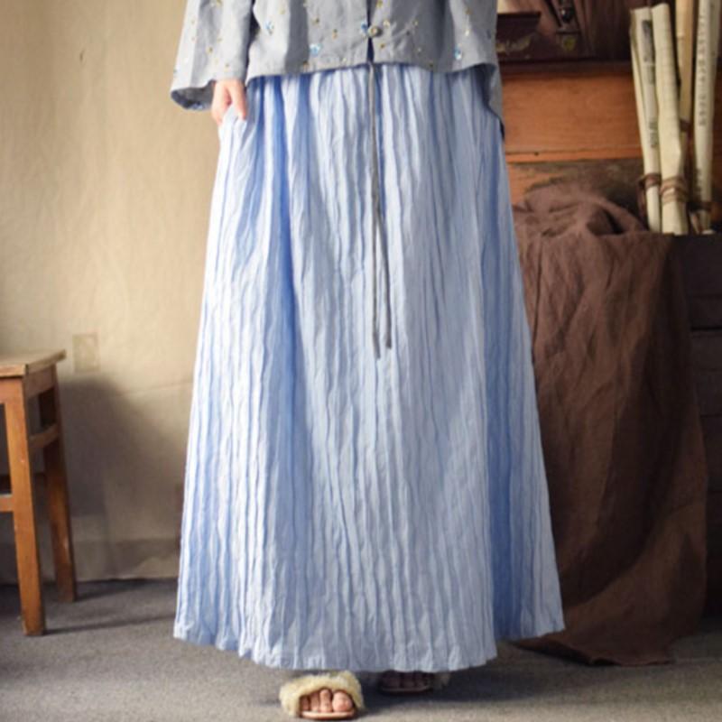 Johnature Women Vintage High Quality Skirts Elastic Waist Blue Spring Loose Soft Women Skirts