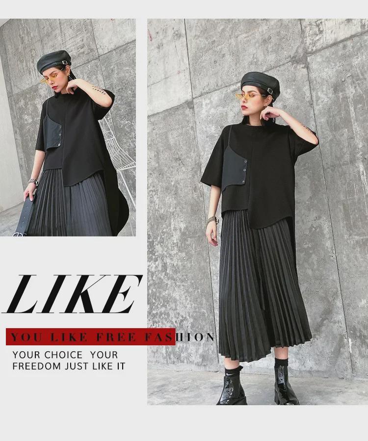 Women's Japanese Dark Style Two-Piece Set: Irregular Short Sleeve Top & Pleated Midi Skirt.