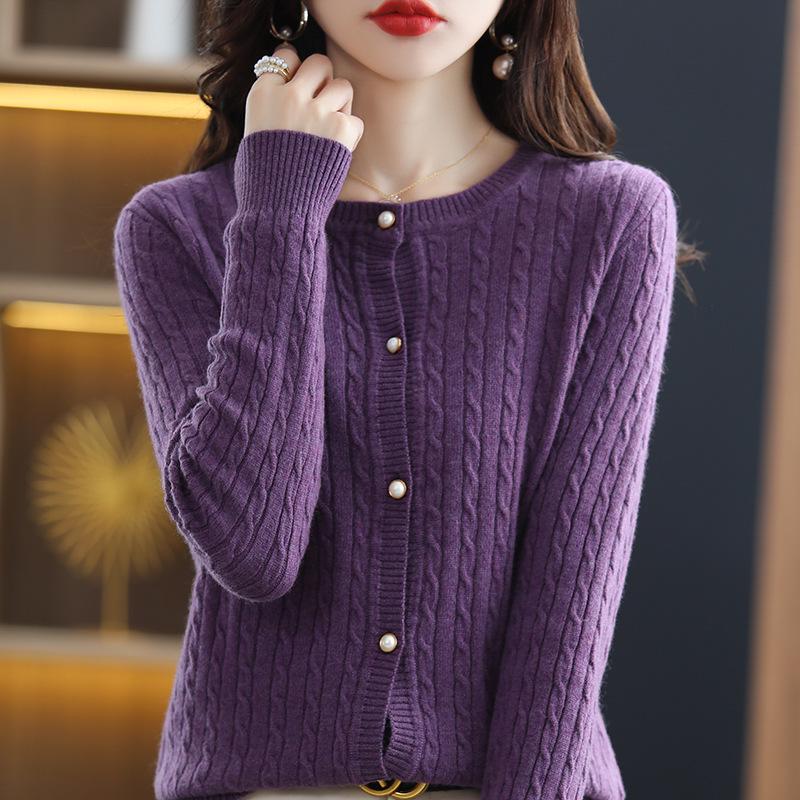 Women's Fashion Pure Wool Round Neck Cardigan - Versatile Autumn & Winter Cashmere Knitwear Sweater