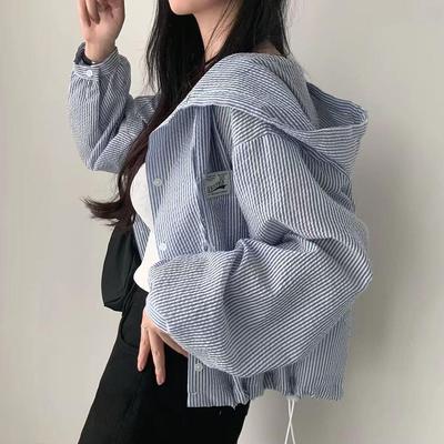Korean Chic Pinstripe Color Block Hooded Button-Up Jacket for Women