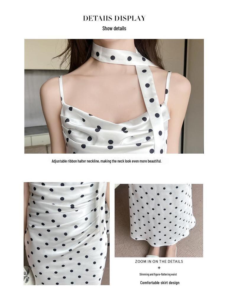White Polka Dot Bodycon Spaghetti Strap Dress for Women - Summer French Style