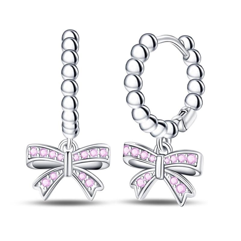 New Copper Sparkling Pink Bow Stud Earrings & Pavé Dangle Hoop Earrings For Girl Sweet Romantic Jewelry Gift
