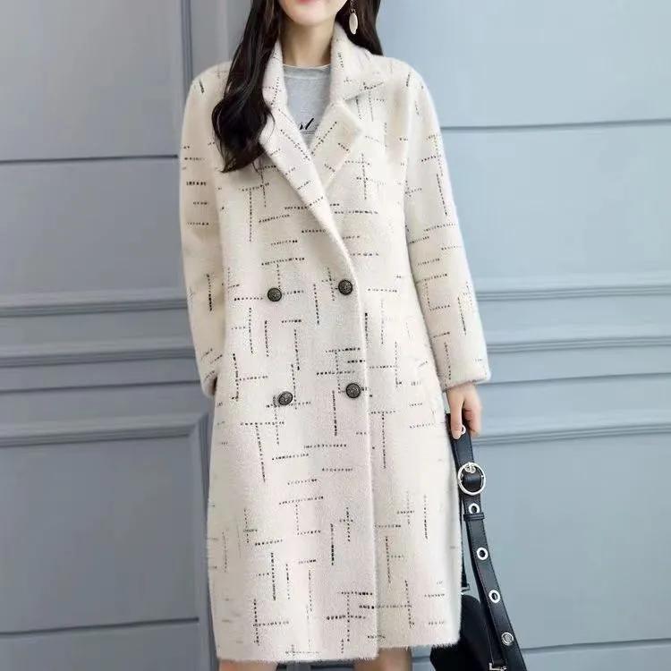

Женское осенне-зимнее пальто большого размера свободного кроя средней длины из смесовой шерсти приталенного силуэта в корейском стиле, элегантное повседневное пальто XS