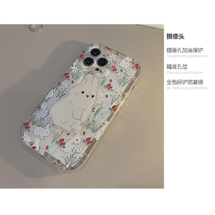 Korean-style floral rabbit design applicable iphone13Apple14Phone case11Cute girl15pro max Bracket16Transparent