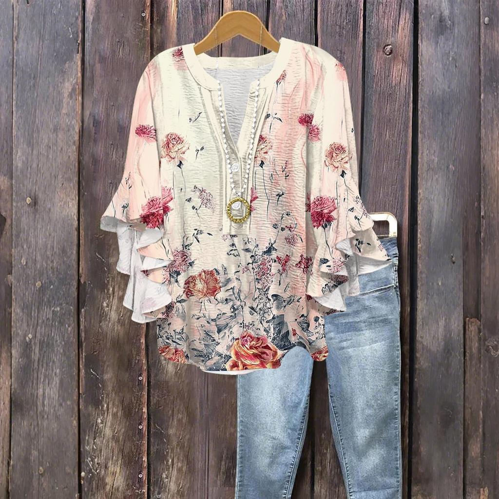 Women's Fashion Button V-Neck Ruffle Seven Sleeve Blouse Floral Printed Top