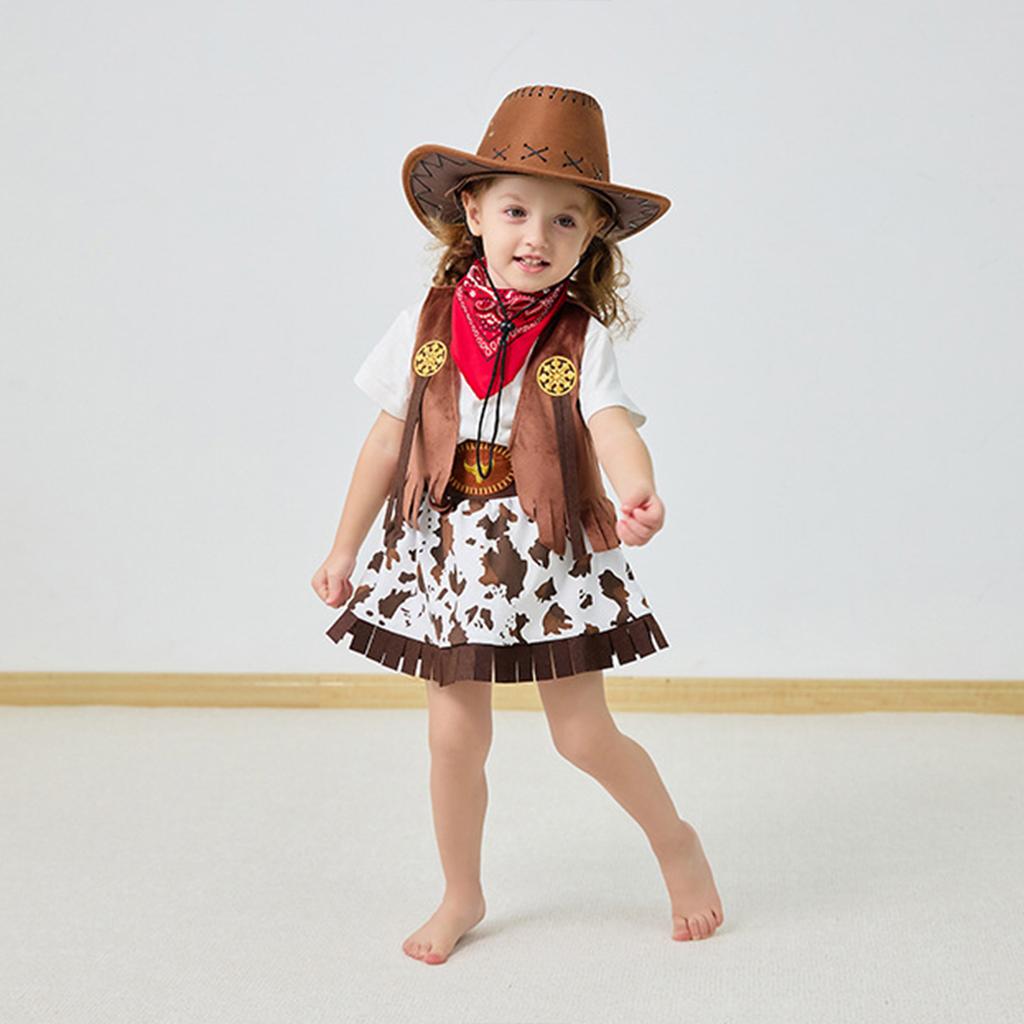 Ținută de Rol Cowgirl Pentru Fete Costum cu Tematică Western din 4 Piese Vestă Pantaloni Pălărie și Fustă Scurtă