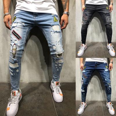 Erkek Hip Hop High-end Sıkı İnce Delik Kırma Dar Pantolon Yeni Erkek Rozeti İnce Kot