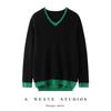 Women's V-Neck Color Block Cashmere Pullover Sweater - Casual, Relaxed, Long Sleeve, Two-Piece Look