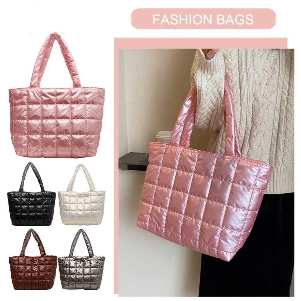 Checkered Cotton-padded Tote Bag Korean Style Puffy Bag Down Cotton Shoulder Bag  Office Worker