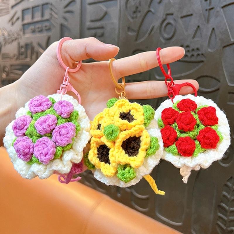 Handmade Crochet Flower Keychains Purse Bag Accessories Key Charm Car Keyrings Valentines Gift Bouquet Keychain Women