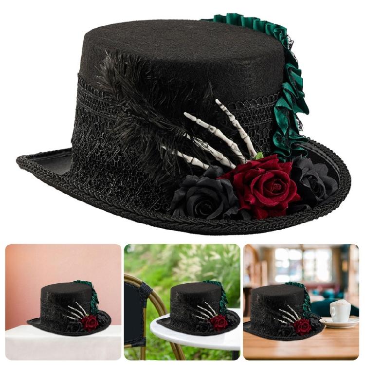 Theatralischer Zylinder Kostüm-Requisiten Kopfbedeckung mit Spitzendetail und gotischer Skeletthand für Frauen Party- und Bühnenauftritte