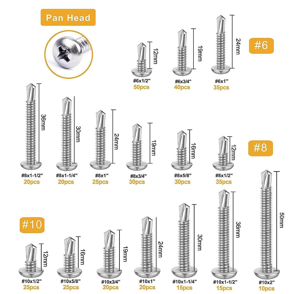 415Pcs Cross Pan Head Self-Tapping Self-Drilling Screw Set 410 Stainless Steel Round Head Dovetail Screw Box